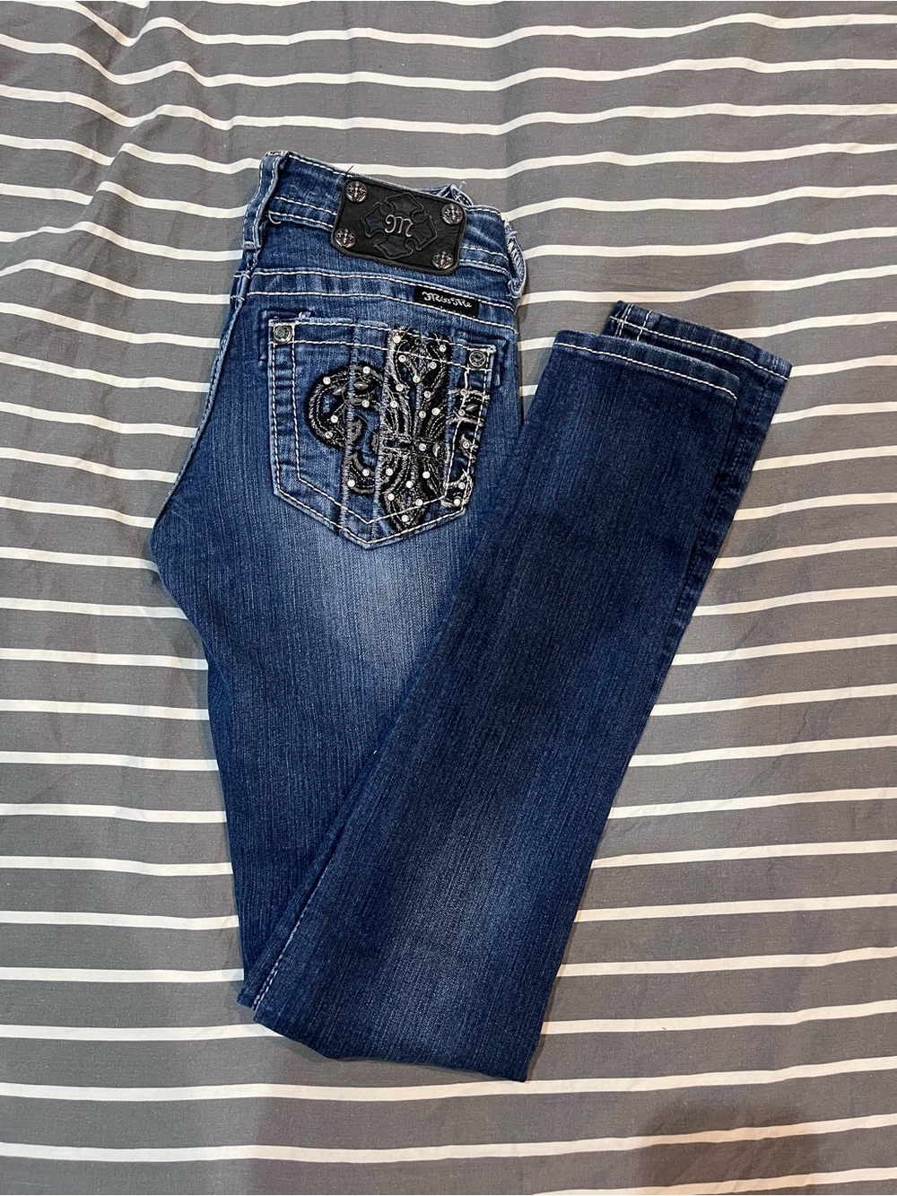 Miss Me Dark Blue Embroidered Skinny Jeans